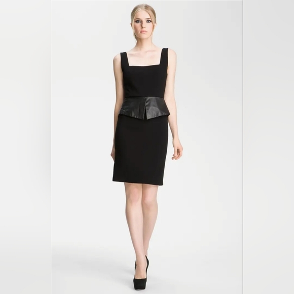 ALICE + OLIVIA Black Lamb Leather Peplum Maddy Midi Sheath Dress Nwt$495 Size 8